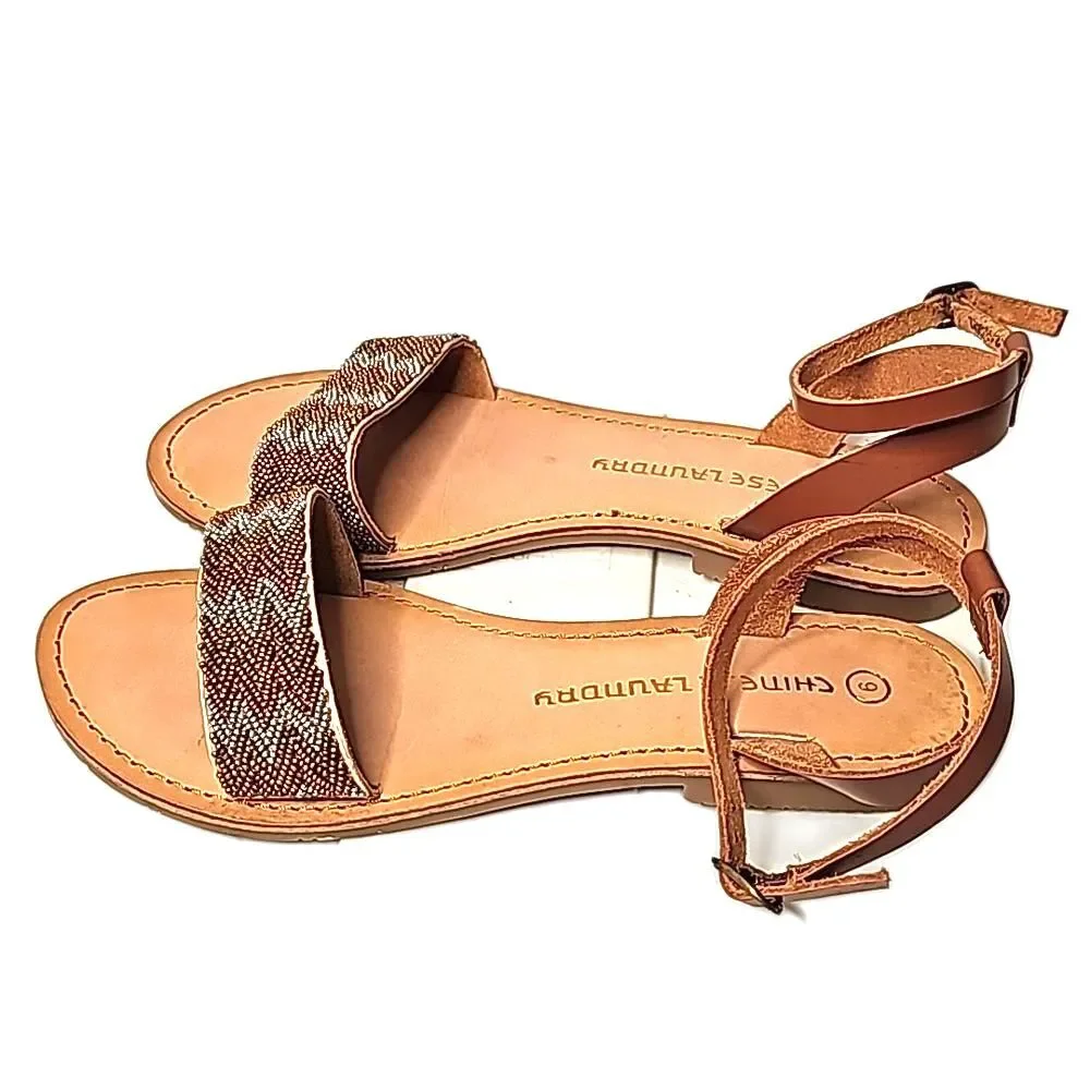 Sandals by Chinese Laundry Beaded Leather Tan Copper Gray Size 9